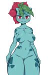  2021 anthro anthrofied belly breasts curvy_figure elemental_creature featureless_breasts female flora_fauna flower genitals green_body green_skin hi_res ivysaur leaf looking_at_viewer mammal navel nintendo nude plant pok&eacute;mon pok&eacute;mon_(species) pussy red_eyes rtr scalie simple_background solo standing thick_thighs video_games voluptuous wide_hips 