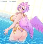  bikini breasts butt clothed clothing draltruist fan_character female hair humanoid partially_submerged pink_hair solo swimming_pool swimwear water winged_humanoid wings 