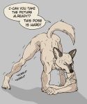  2021 absurd_res anthro ass_up athletic athletic_anthro athletic_male bent_over bodily_fluids canid canine canis claws clenched_teeth crossed_arms dialogue english_text eyes_closed ffog fur grey_background hi_res jack-o&#039;_pose male mammal meme nude pose raised_tail shaking simple_background solo sound_effects struggling sweat teeth text tuft vireo_(ffog) wolf 