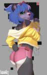  absurd_res anthro blue_hair bottomwear butt cassette_player clothed clothing earbuds female giant_panda greyscale_background hair headphones hi_res jacket lunaticthewabbit mammal nuwa_nightstone shorts solo topwear ursid yellow_clothing yellow_jacket_(clothing) yellow_topwear 