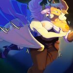  1:1 anthro applejack_(mlp) attack bat_pony better_version_at_source big_breasts bottomwear breasts clenched_teeth clothing corset cutie_mark duo earth_pony equid equine female female/female flutterbat_(mlp) fluttershy_(mlp) friendship_is_magic hasbro hi_res high_heels horse lingerie lunge mammal my_little_pony pants pony shirt simple_background sintacle teeth topwear wardrobe_malfunction 