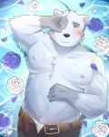  2021 absurd_res anthro blue_eyes blush bottomwear clothing flower hi_res humanoid_hands knights_college lying male mammal nipples pants paul_(knights_college) plant polar_bear slightly_chubby solo underwear ursid ursine vanyillashark video_games visual_novel water 