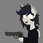  1:1 2020 black_hair clothed clothing colored curled_hair digital_drawing_(artwork) digital_media_(artwork) equid equine fan_character fangs feathered_wings feathers female feral grey_body gun hair handgun holding_gun holding_object holding_weapon hoodie hoodie(strayedanima) horse kazaquus long_hair looking_aside low_res mammal open_mouth pegasus pistol pointing_gun ranged_weapon reaction_image simple_background smile solo strayed_anima tongue topwear weapon wings yellow_eyes 