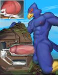  absurd_res anthro avian bodily_fluids building_penetration cum cum_inside erection falco_lombardi franubis genital_fluids genitals hi_res internal macro male mountain nintendo nude penetration penile penis penis_milking solo star_fox tunnel video_games worship 