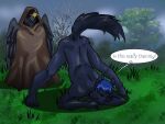  4:3 absurd_res anthro avian bird blue_eyes blue_hair canid canine canis corvid corvus_(genus) crow crow_(yopo) dialogue digital_drawing_(artwork) digital_media_(artwork) duo english_text forest forest_background glistening glistening_eyes hair hi_res jack-o&#039;_pose male male/male mammal nature nature_background nude oscine outside passerine plant pose tasteful_nudity text thinking tree warrior_(yopo) wolf yopo9810 