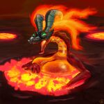  1:1 2021 anthro bath bathing big_breasts breasts capra_goofus claws digital_drawing_(artwork) digital_media_(artwork) dragon female fire flaming_hair flaming_mane green_eyes hair hi_res horn huge_breasts lava mask metal nintendo nude ocarina_of_time open_mouth pseudo_hair pseudo_mane red_body red_scales red_skin scales shaded signature smile solo the_legend_of_zelda tongue video_games volcano volvagia 