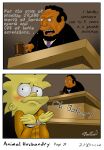  absurd_res beard blush clothing comic courtroom duo english_text facial_hair female gavel_(object) hair handcuffed handcuffs hi_res human human_only judge_roy_snyder_(the_simpsons) lisa_simpson male mammal necktie not_furry podium prison_uniform shackles suit text the_simpsons translated url zst_xkn 