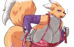  14:9 anthro apron apron_only armwear bandai_namco bent_over big_breasts black_sclera blue_eyes bodily_fluids breasts canid canine cheek_tuft chest_tuft clothed clothing curvy_figure digimon digimon_(species) elbow_gloves english_text eyeshadow facial_tuft female fluffy fox fur gloves half-length_portrait handwear huge_breasts kemono leaning leaning_forward lemonbizate_(artist) looking_at_viewer makeup mammal mostly_nude neck_tuft open_mouth portrait renamon simple_background small_waist solo sweat sweater text thick_thighs topwear tuft video_games voluptuous yellow_body yellow_fur 