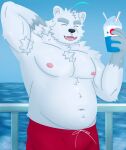  2021 absurd_res anthro armpit_hair belly body_hair clothing cureinfini eyes_closed hi_res humanoid_hands knights_college male mammal moobs navel nipples outside overweight overweight_male paul_(knights_college) polar_bear solo swimwear ursid ursine water 