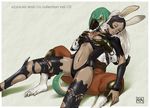  1girl animal_ears azasuke ba'gamnan bangaa breast_grab breasts bunny_ears dark_skin final_fantasy final_fantasy_xii fran grabbing highres large_breasts revealing_clothes sleep_molestation sleeping thighhighs viera white_hair 