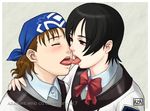  2girls :p azasuke azasuke_wind bandana bandanna black_eyes black_hair blush bow bow_tie bowtie brown_hair eyes_closed gunparade_march hara_motoko highres kiss mori_seika motoko_hara multiple_girls short_hair tongue tongue_out uniform yuri 