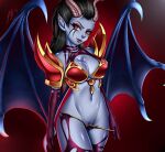  2015 akasha_the_queen_of_pain armor black_hair blue_body blue_skin breasts cleavage clothed clothing demon digital_media_(artwork) doomthewolf dota english_text female genitals hair half-closed_eyes hi_res horn humanoid markings membrane_(anatomy) membranous_wings narrowed_eyes navel not_furry pubes pussy red_background red_eyes simple_background smile solo text unconvincing_armor undressing video_games wings 