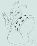  2021 anthro arachnid arthropod arthropod_abdomen bodily_fluids breasts butt butt_focus cute_fangs fangs female gesture hi_res kumoko looking_at_viewer looking_back looking_back_at_viewer multi_eye multi_limb omegax pupils rear_view saliva saliva_string side_boob signature simple_background sketch slit_pupils solo spider spots tongue tongue_out v_sign 