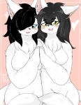  &lt;3 :3 anthro big_breasts biped black_hair black_nose blue_eyes blush breasts chest_tuft convenient_censorship cute_fangs digital_media_(artwork) domestic_cat duo featureless_breasts felid feline felis female fluffy fluffy_tail front_view fur glistening glistening_eyes glistening_hair hair hair_over_eye hand_holding hi_res inner_ear_fluff kemono long_hair looking_at_viewer mammal monotone_body monotone_fur monotone_hair nekonade nude one_eye_obstructed open_mouth open_smile paws pink_background pink_inner_ear_fluff portrait sibling simple_background sister sisters smile standing tail_censorship three-quarter_portrait tuft twins yellow_eyes 