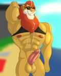  abs anthro balls beach biceps big_muscles bodily_fluids clothed clothing cum cum_in_hair cum_in_mouth cum_inside cum_on_face cum_on_penis cum_on_self d.a.r.e. daren erection eyewear facial_hair felid genital_fluids genitals grin hair hi_res huge_muscles humanoid_genitalia humanoid_penis klr-rio lion male mammal muscular muscular_anthro muscular_male nipples pantherine pecs penis seaside shirt smile solo sunglasses topwear 