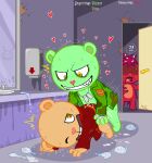  84akuma anal anal_penetration anthro bathroom bodily_fluids brown_body brown_fur condom cum filled_condom flaky_(htf) flippy_(htf) from_behind_position fur genital_fluids green_body green_fur happy_tree_friends male male/male male_penetrated male_penetrating male_penetrating_male mammal penetration pop_(htf) sex sexual_barrier_device ursid 