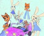  2020 anthro blue_clothing blue_dress bunny_(l&#039;trimm) car cars_with_the_boom cats-cafe clothed clothing crossed_arms dress duo eyewear eyewear_on_head felid female gesture happy hi_res lagomorph leporid long_ears mammal one_eye_closed open_mouth open_smile pantherine rabbit scut_tail smile sunglasses sunglasses_on_head tiger tigra_(l&#039;trimm) v_sign vehicle wink 