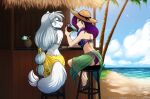  2021 accessory anthro beach beverage bikini bikini_bottom bikini_top canid canine canis clothed clothing coconut conditional_dnp detailed_background drupe_(fruit) duo eyes_closed female food footwear fruit fur furniture grey_hair hair hair_accessory hat headgear headwear hi_res holding_beverage holding_object human keidran lei long_hair mammal maren_taverndatter midriff outside palm_tree plant purple_hair raine_silverlock rear_view sandals sarong sea seaside sitting skimpy smile stool swimwear text tom_fischbach tree twokinds url water webcomic white_body white_fur wolf 