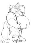  2016 anthro belly bottomwear canid canine clothing disney fox gideon_grey hi_res male mammal monochrome moobs nipples obese obese_male overweight overweight_male pants raivenderouthelion_(artist) simple_background solo suspenders white_background zootopia 