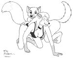 1997 all_fours anthro bernard_doove bra breast_grab breasts canid canine canis choker cleavage clothed clothed/nude clothed_female_nude_male clothing dipstick_tail domestic_dog duo eyes_closed female fox gloves_(marking) hand_on_breast hand_on_butt jewelry leg_markings male male/female mammal markings monochrome multicolored_tail necklace nude panties socks_(marking) tongue tongue_out underwear 