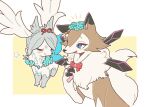  2021 ambiguous_gender blue_eyes blush brown_body brown_fur claws duo eye_contact eyes_closed feet feral flower fur kemono kurokasa legendary_pok&eacute;mon looking_at_another lycanroc midday_lycanroc nintendo open_mouth open_smile pawpads plant pok&eacute;mon pok&eacute;mon_(species) red_ribbon shaymin simple_background sky_forme_shaymin smile snout toes video_games white_body white_fur wings 