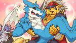  bancholeomon bandai_namco blue_eyes carrying_person claws clothing dahecksajerry digimon digimon_(species) duo exveemon eyes_closed hat headgear headwear laughing_at male weregarurumon wings 