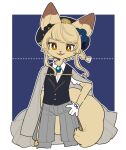  2021 5_fingers anthro blue_clothing blue_hat blue_headwear bottomwear brown_body brown_eyes brown_fur brown_hair canid canine clothed clothing female fingers fluffy fluffy_tail fox fully_clothed fur gloves hair hand_on_hip handwear hat headgear headwear hi_res kemono kurokasa long_hair mammal open_mouth open_smile pants shirt simple_background smile solo standing suit topwear white_clothing white_gloves white_handwear 