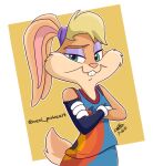  2021 anthro basketball_uniform biped blonde_hair buckteeth clothing crossed_arms digital_drawing_(artwork) digital_media_(artwork) eyebrows female fur gloves green_eyes hair half-length_portrait handwear hi_res lagomorph leporid lola_bunny looney_tunes mammal nexi_pokeart outline pink_nose portrait rabbit raised_eyebrow scut_tail signature simple_background solo space_jam space_jam:_a_new_legacy sportswear tan_body tan_fur teeth uniform warner_brothers white_clothing white_gloves white_handwear 