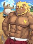 2021 3:4 anthro barazoku beach belly big_belly blush brown_body canid canine clothing dessert detailed_background duo eyes_closed felid food hi_res humanoid_hands ice_cream kemono lion male mammal muscular muscular_male navel nikiciy obese obese_male outside overweight overweight_male pantherine pecs raccoon_dog seaside shaved_ice swimwear tanuki water 