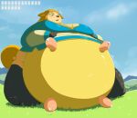 2021 alternate_species anthro belly big_belly big_breasts black_nose blonde_hair blush bodily_fluids breasts breath_of_the_wild day female grass green_eyes hair hi_res hyper hyper_belly lactating looking_down miltank nintendo outside overweight overweight_anthro plant pok&eacute;mon pok&eacute;mon_(species) princess_zelda sitting solo subakitsu surprise teats the_legend_of_zelda transformation udders video_games 