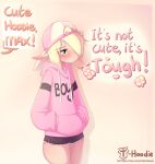  absurd_res artist_name backwards_hat blonde_hair blush bodily_fluids bottomwear clothing cowlick dialogue elf emanata english_text eyelashes girly green_eyes hair hair_over_eye hands_in_pockets hat headgear headwear hi_res hoodie hoodie_(artist) hotpants humanoid humanoid_pointy_ears male max_(hoodie) not_furry one_eye_obstructed pockets shadow short_hair shorts simple_background solo speech_bubble standing sweat sweatdrop tan_background text text_on_clothing text_on_hoodie text_on_topwear topwear url white_body white_skin 