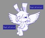  angel annie_(disfigure/rafielo) disfigure english_text female grey_background hair hair_over_eye lagomorph leporid long_ears mammal one_eye_obstructed rabbit simple_background sitting solo text wings 