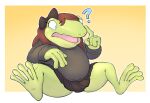  2020 ? after_transformation amphibian anthro bottomwear brown_hair clothing female frog green_background green_body hair open_mouth simple_background sitting skirt solo subakitsu surprise 