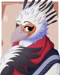  4:5 absurd_res accipitriform anthro avian beak bird black_body black_feathers blue_eyes bust_portrait clothing cosmic_noodle feathers hi_res male multicolored_body multicolored_feathers poncho portrait scarf secretary_bird simple_background smile smiling_at_viewer solo topwear white_body white_feathers winged_arms wings 