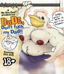  absurd_res anthro avian beak belly biceps bird cover cover_art cover_page dialogue english_text hi_res male male/male musclegut muscular muscular_male nipples pecs pelecaniform pelican presenting shower solo sososososleepy text towel towel_only 