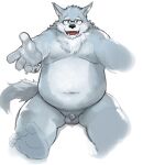  2015 anthro balls belly black_nose blue_body blue_fur canid canine canis eyewear fur genitals glasses hi_res humanoid_genitalia humanoid_hands humanoid_penis kemono kita_9999 male mammal micropenis navel overweight overweight_male penis simple_background sitting small_penis solo white_background wolf 