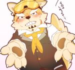  anthro blush brown_pawpads canid canine canis clothing domestic_dog embarrassed eyewear fur goggles gumonagumo japanese_text lifewonders live-a-hero male mammal necktie pawpads procy reaching_towards_viewer scar short_stack text topwear vest video_games yellow_body yellow_fur 