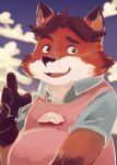  2016 anthro apron belly canid canine clothing disney fox gideon_grey hi_res humanoid_hands kemono male mammal masshiro outside overweight overweight_male shirt solo topwear zootopia 