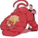  1:1 anthro blonde_mane blush demon dragon duo eyes_closed gardie_(otukimi) hi_res horn human jack-o&#039;_pose kohei_(otukimi) larger_anthro male male/male mammal mane meme muscular muscular_anthro muscular_male nude othukimi pornography pose red_body size_difference smaller_human 