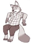  2017 anthro bate_(artist) belly bottomwear canid canine clothing disney fox gideon_grey hi_res male mammal pants shirt simple_background sitting slightly_chubby solo topwear white_background zootopia 