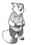  2017 anthro bate_(artist) bodily_fluids bottomwear canid canine clothing dessert disney food fox gideon_grey hi_res male mammal monochrome pants pie shirt simple_background slightly_chubby solo sweat topwear white_background zootopia 
