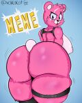  anthro big_butt blush breasts butt cuddle_team_leader epic_games female fortnite fur hi_res looking_at_viewer looking_back looking_back_at_viewer mammal open_mouth pink_body pink_fur side_boob simple_background smile solo text ursid video_games volkokot 
