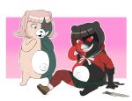  2020 alternate_species anthro black_hair bottomwear chiaki_nanami clothing danganronpa duo female hair human knife maki_harukawa mammal mid_transformation navel red_eyes school_uniform simple_background sitting skirt smile standing subakitsu surprise transformation uniform ursid 