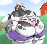  absurd_res anthro barn belly big_belly big_breasts big_butt bottomwear bovid bovine breasts butt cattle clothed clothing digital_media_(artwork) eyes_closed farm female frown fur grandpaced hair hi_res horn huge_breasts huge_butt looking_back mammal morbidly_obese morbidly_obese_anthro morbidly_obese_female multicolored_body multicolored_fur nipples obese obese_anthro obese_female overweight overweight_anthro overweight_female pants partially_clothed rear_view simple_background solo spots tight_clothing underwear white_body 