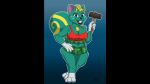  16:9 animal_crossing anthro big_breasts breasts chest_tuft female fur green_body green_fur hammer hi_res lips looking_at_viewer mammal nibbles_(animal_crossing) nintendo rodent ruthaa sciurid simple_background solo thick_bottom_lip tools tree_squirrel tuft video_games widescreen 