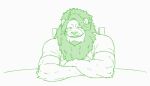  2021 2d_animation animated anthro beard bodily_fluids butusan_p chair clothed clothing crossed_arms dialogue english_text eyes_closed facial_hair felid furniture green_and_white hair happy lion loop male mammal mane monochrome mr._amino muscular muscular_anthro muscular_male offscreen_character open_mouth open_smile pan_chan pantherine shaking_head shirt short_playtime simple_background sitting smile solo sweat sweatdrop table text topwear whiskers white_background 