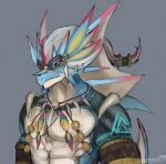  abs anthro armor blue_body blue_scales dragon ear_piercing ear_ring feathers furgonomics furry-specific_piercing gearaka999 hair hi_res hydoor lifewonders live-a-hero male mask muscular muscular_anthro muscular_male ornamental_armor pecs piercing scales solo superhero unconvincing_armor video_games white_hair 