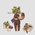  1:1 anthro ass_up bottomwear breasts butt canid canine clothing doritos female frito-lay fur green_eyes green_hair hair hi_res humanoid mammal mino neet nude pillow procyonid raccoon raccoon_dog raysbasements sleeping small_breasts solo tan_body tan_fur tanuki thick_tail thick_thighs tight_bottomwear tight_clothing tight_fit tired 