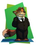  2016 4:5 anthro black_nose bottomwear canid canine clothing disney fox gideon_grey hi_res male mammal necktie pants shirt simple_background slightly_chubby solo suit thetauren topwear zootopia 