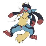  3_toes anthro ashii black_body black_fur blue_body blue_fur breasts chest_spike crotch_blush feet female fur hi_res lucario mega_evolution mega_lucario nintendo null nullo pawpads pink_pawpads pok&eacute;mon pok&eacute;mon_(species) red_body red_fur sex_toy shugowah solo spikes spikes_(anatomy) toe_curl toes vibrator video_games yellow_body yellow_fur 